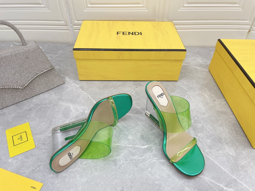 FENDI FIRST 95 MM HIGH-HEELED SANDAL IN GREEN FERN TPU FILM AND LAMBSKIN