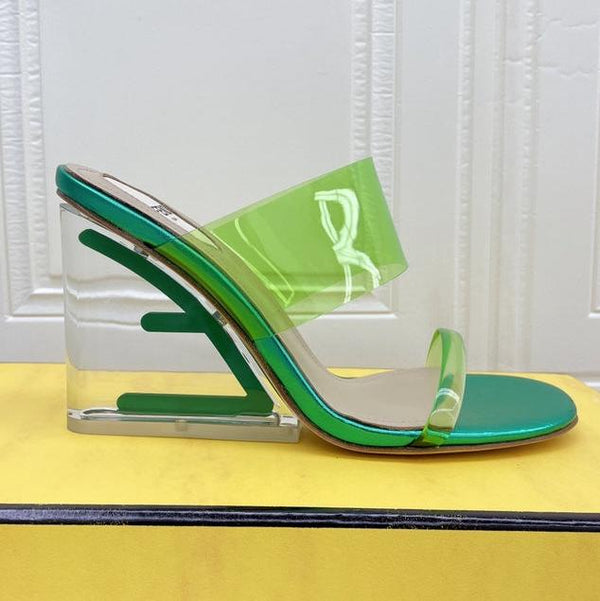 FENDI FIRST 95 MM HIGH-HEELED SANDAL IN GREEN FERN TPU FILM AND LAMBSKIN