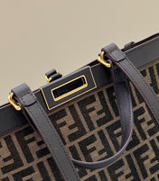 FENDI TOTE 41 BAG IN BROWN MIX BLACK MONOGRAM CANVAS GOLD HARDWARE