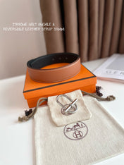 HM ITHAQUE BELT SILVER BUCKLE & REVERSIBLE CINNAMON BROWN AND BLACK LEATHER STRAP 38MM