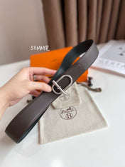 HM ITHAQUE BELT SILVER BUCKLE & REVERSIBLE CHOCOLATE BROWN AND BLACK LEATHER STRAP 38MM