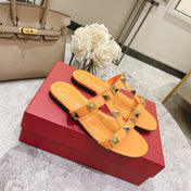 ROMAN STUD MANGO ORANGE CALFSKIN FLAT SLIDE SANDAL 25 MM