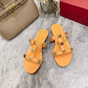 ROMAN STUD MANGO ORANGE CALFSKIN FLAT SLIDE SANDAL 25 MM