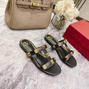 ROMAN STUD BLACK CALFSKIN FLAT SLIDE SANDAL 25 MM