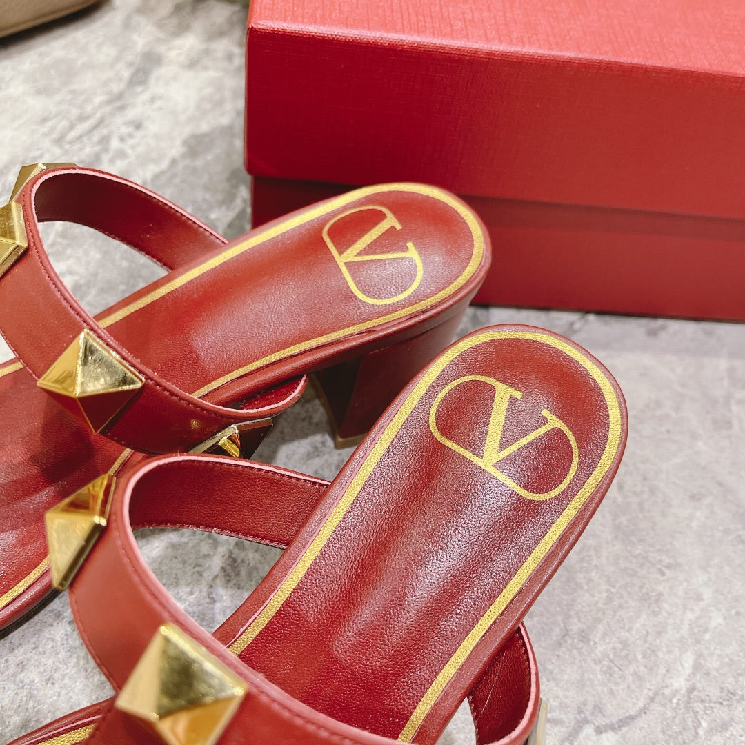 ROMAN STUD CHERRY RED CALFSKIN SLIDE SANDAL 60 MM