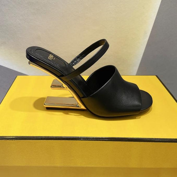 FENDI FIRST 95 MM HIGH-HEELED SANDAL IN BLACK LAMBSKIN GOLD HARDWARE