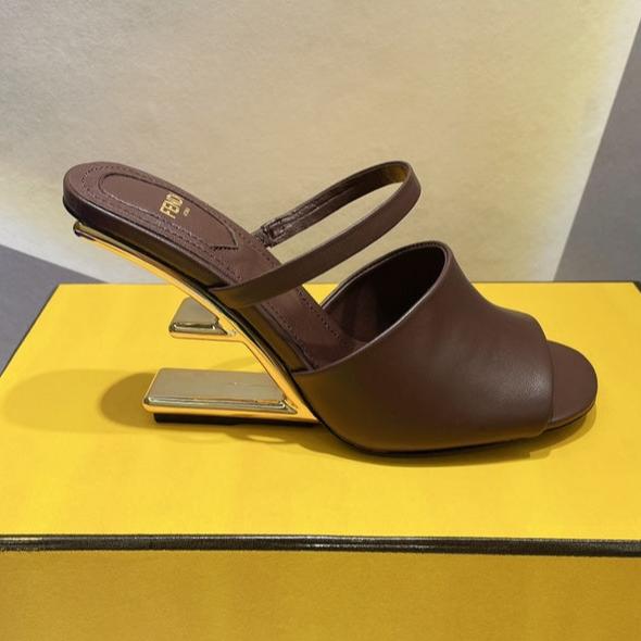 FENDI FIRST 95 MM HIGH-HEELED SANDAL IN CHOCOLATE BROWN LAMBSKIN GOLD HARDWARE