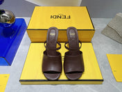 FENDI FIRST 95 MM HIGH-HEELED SANDAL IN CHOCOLATE BROWN LAMBSKIN GOLD HARDWARE