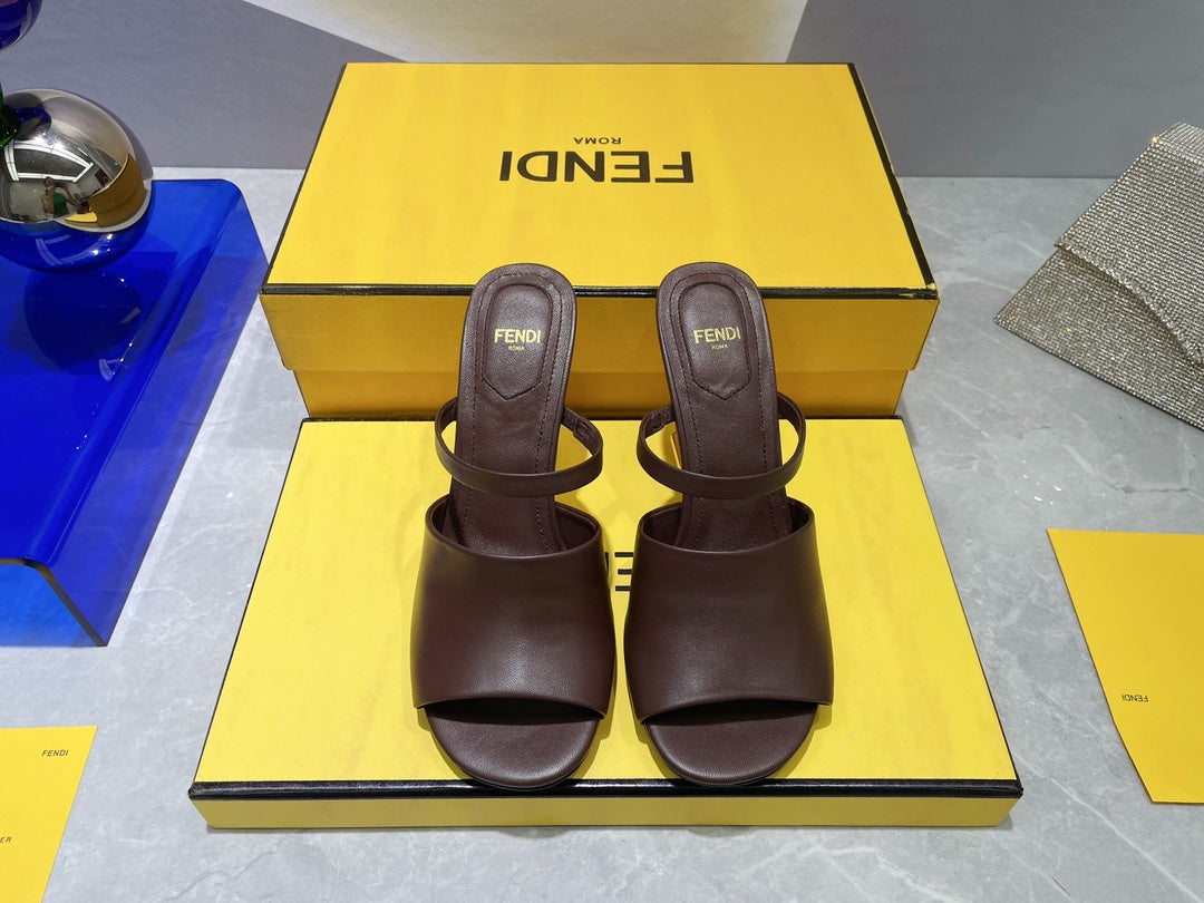 FENDI FIRST 95 MM HIGH-HEELED SANDAL IN CHOCOLATE BROWN LAMBSKIN GOLD HARDWARE