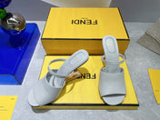 FENDI FIRST 95 MM HIGH-HEELED SANDAL IN CLOUD GREY LAMBSKIN GOLD HARDWARE