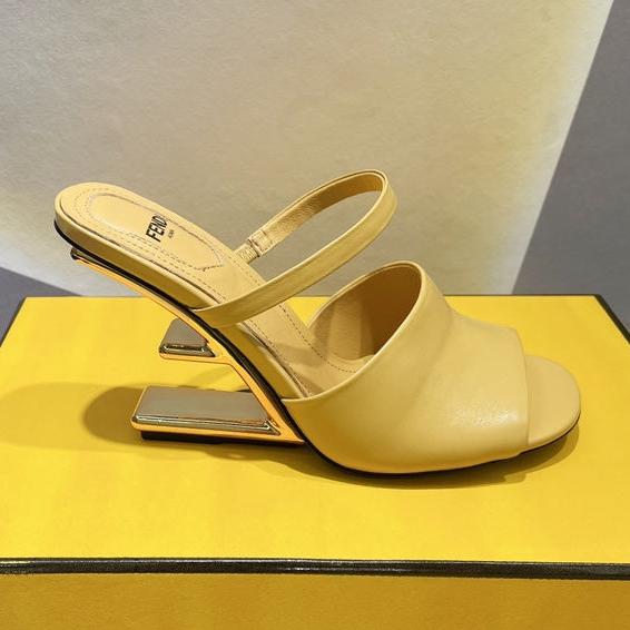 FENDI FIRST 95 MM HIGH-HEELED SANDAL IN MUSTARD YELLOW LAMBSKIN GOLD HARDWARE