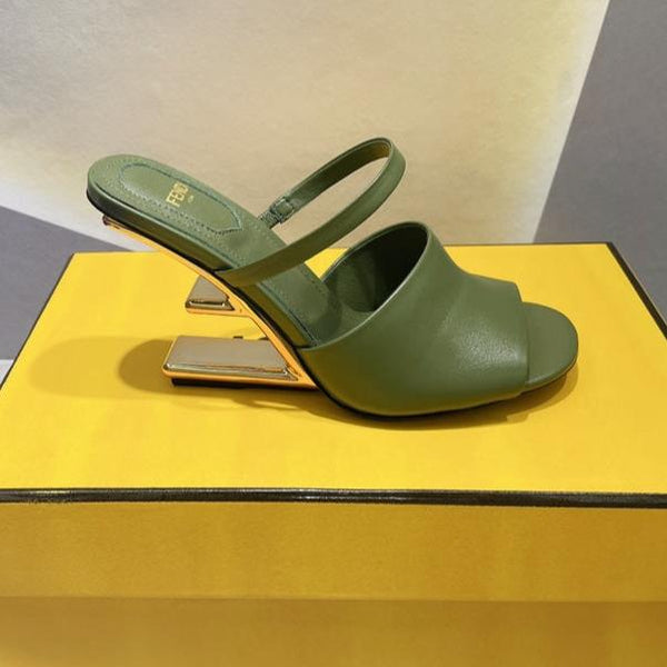 FENDI FIRST 95 MM HIGH-HEELED SANDAL IN OLIVE GREEN LAMBSKIN GOLD HARDWARE