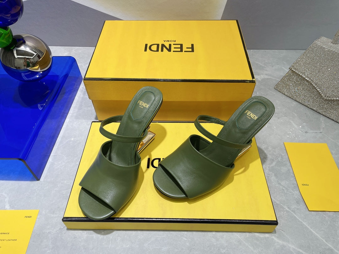 FENDI FIRST 95 MM HIGH-HEELED SANDAL IN OLIVE GREEN LAMBSKIN GOLD HARDWARE