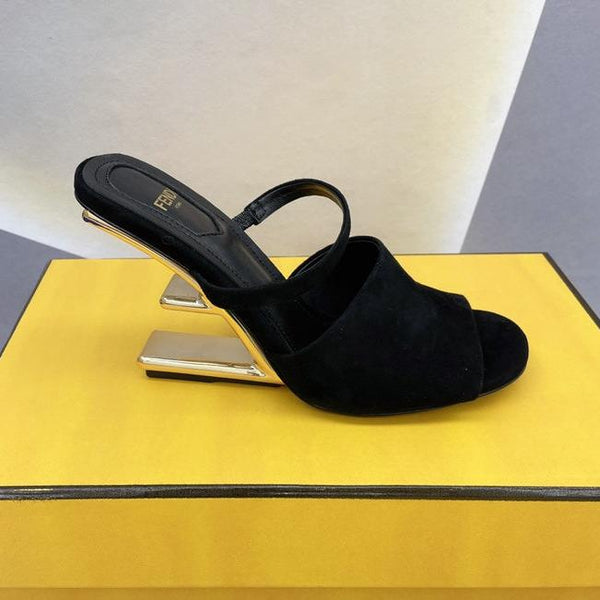 FENDI FIRST 95 MM HIGH-HEELED SANDAL IN BLACK SUEDE GOLD HARDWARE