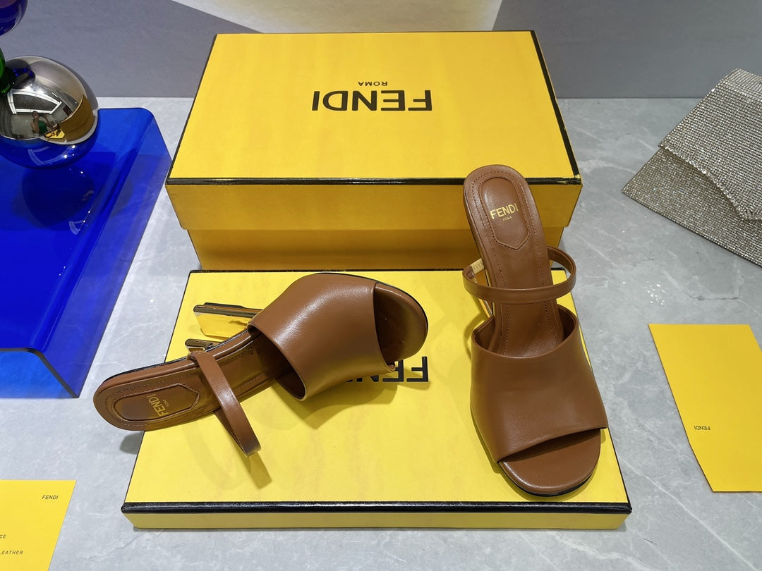 FENDI FIRST 95 MM HIGH-HEELED SANDAL IN SEPIA BROWN LAMBSKIN GOLD HARDWARE