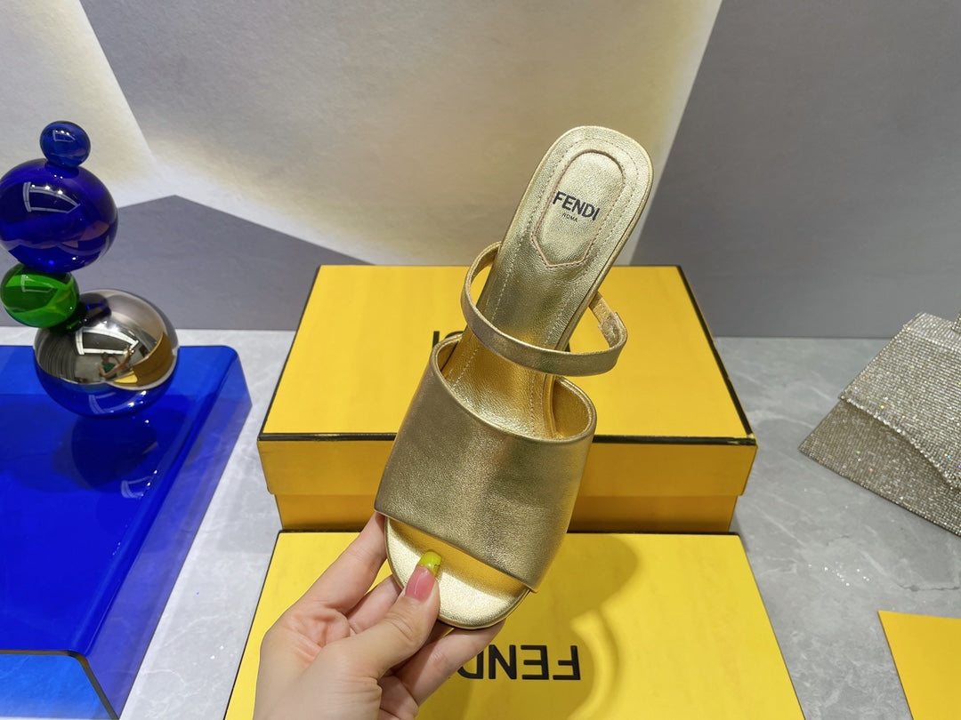 FENDI FIRST 95 MM HIGH-HEELED SANDAL IN GOLDEN LAMBSKIN GOLD HARDWARE