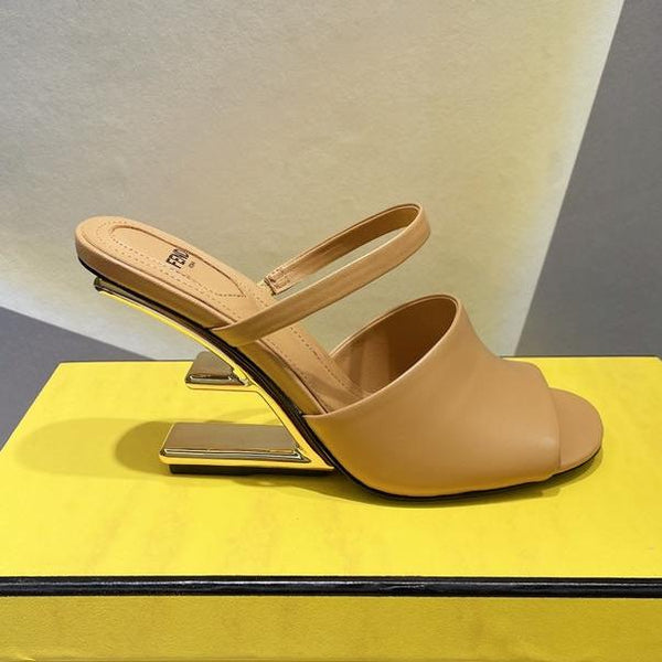 FENDI FIRST 95 MM HIGH-HEELED SANDAL IN CAMEL BROWN LAMBSKIN GOLD HARDWARE