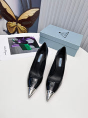 PRADA 26S PUMPS STILETTO HEEL 95MM IN BLACK METAL TIP CALFSKIN