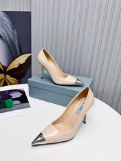 PRADA 26S PUMPS STILETTO HEEL 95MM IN NUDE BEIGE METAL TIP CALFSKIN