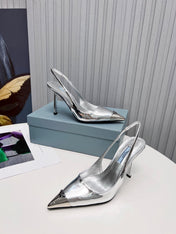 PRADA 26S SLINGBACK HEELS 95MM IN SILVER METAL TIP CALFSKIN