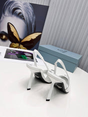PRADA 26S SLINGBACK HEELS 95MM IN WHITE METAL TIP CALFSKIN