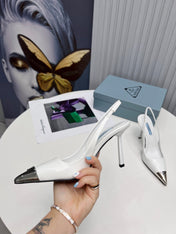 PRADA 26S SLINGBACK HEELS 95MM IN WHITE METAL TIP CALFSKIN