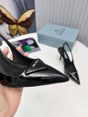 PRADA 26S SLINGBACK PUMPS STILETTO HEEL 95MM IN BLACK PATENT CALFSKIN LOGO