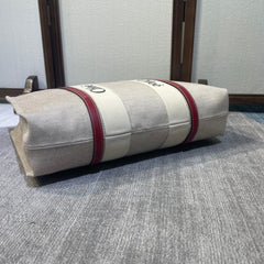 LAGRE WOODY TOTE BAG 45 IN BEIGE LINEN CANVAS BLACK WEBBING LOGO EMBROIDER RED CALFSKIN