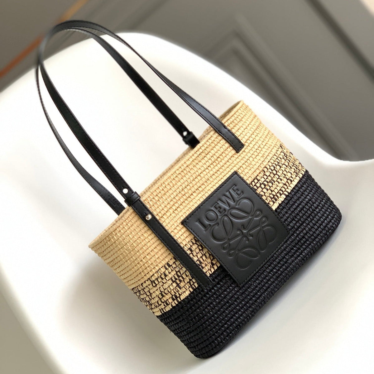 LOEWE 25S BASKET BAG 30 IN NATURAL MIX BLACK RAFFIA CALFSKIN SHOULDER STRAP