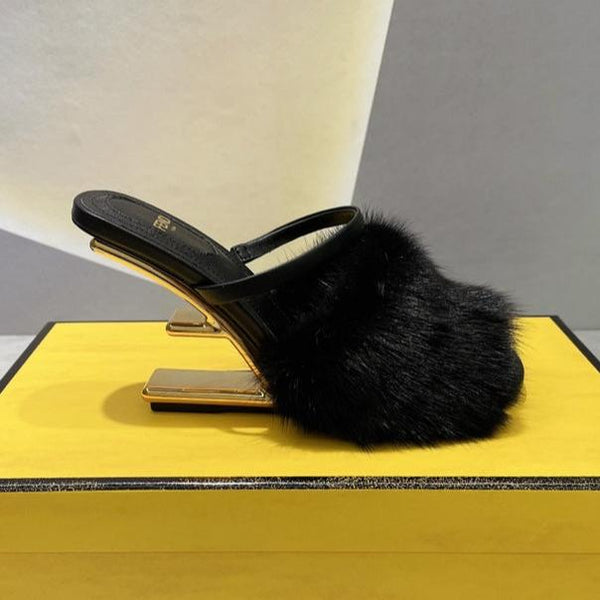 FENDI FIRST HIGH HEEL 95 MM SANDAL IN BLACK MINK FUR