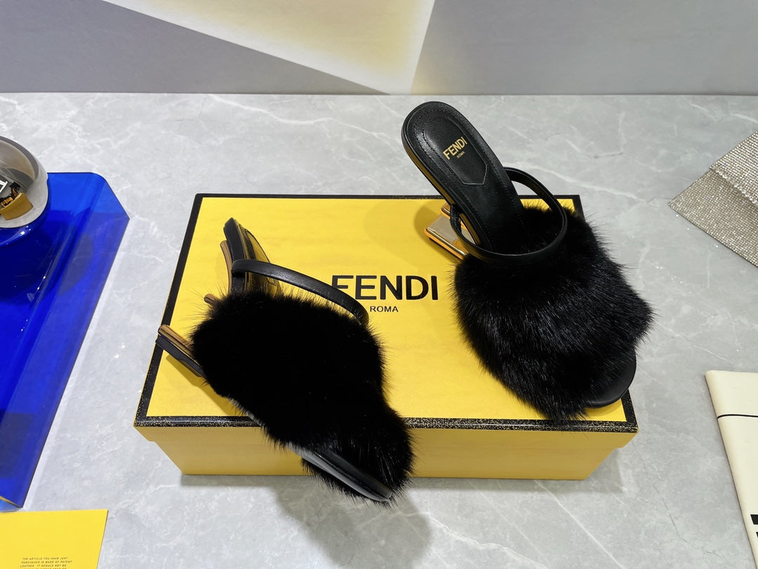 FENDI FIRST HIGH HEEL 95 MM SANDAL IN BLACK MINK FUR