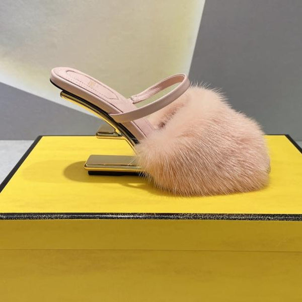 FENDI FIRST HIGH HEEL 95 MM SANDAL IN LIGHT PINK MINK FUR