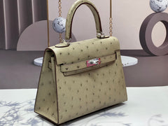KELLY BAG 20 IN KHAKI TAN OSTRICH LEATHER WITH SILVER HARDWARE (MADE-TO-ODER)