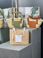 SMALL SQUARE  28 BASKET BAG IN RAFFIA AND WHITE CALFSKIN