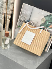 SMALL SQUARE  28 BASKET BAG IN RAFFIA AND WHITE CALFSKIN