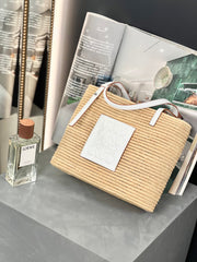 SMALL SQUARE  28 BASKET BAG IN RAFFIA AND WHITE CALFSKIN