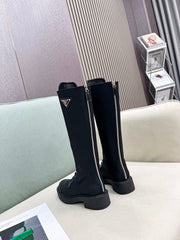 LACE-UP KNEE BOOTS IN BLACK DENIM AND SHEEPSKIN LINING