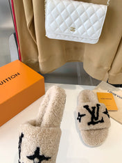 LV WOMEN'S PASEO FLAT SLIPPER IN TAN BROWN FLEECE WITH BLACK LOGO