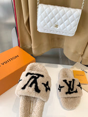 LV WOMEN'S PASEO FLAT SLIPPER IN TAN BROWN FLEECE WITH BLACK LOGO