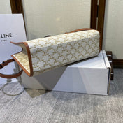 CELINE 25S HORIZONTAL CABAS 34MM IN WHITE TRIOMPHE CANVAS AND BROWN CALFSKIN