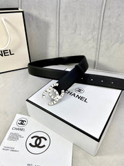 CC 30MM BELT IN BLACK SMOOTH CALFSKIN WITH SILVER HARDWARE