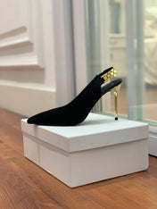 BALMAIN 26S SLINGBACK 95 MM IN BLACK SUEDE WITH GOLD HARDWARE