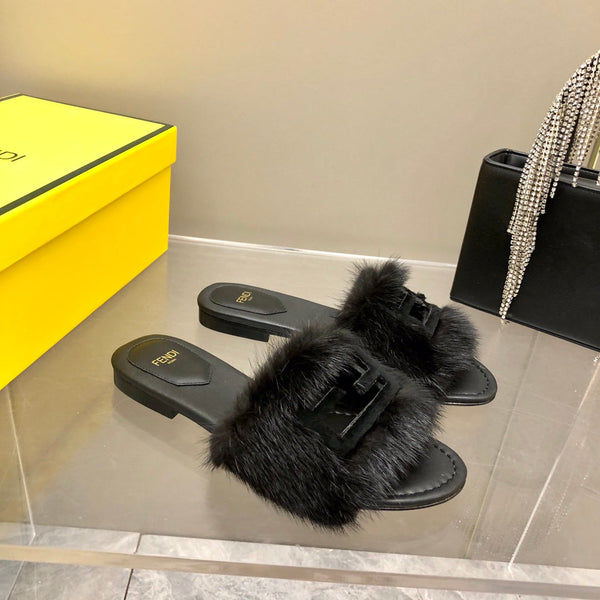 FENDI BAGUETTE MINK SLIDE SLIPPER IN BLACK FUR