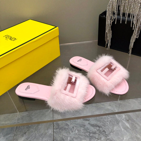 FENDI BAGUETTE MINK SLIDE SLIPPER IN LIGHT PINK FUR