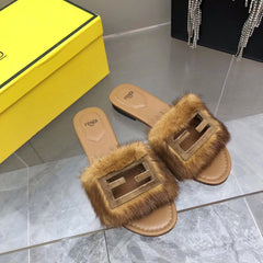 FENDI BAGUETTE MINK SLIDE SLIPPER IN SEPIA BROWN FUR