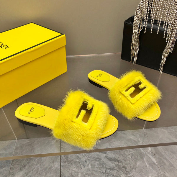 FENDI BAGUETTE MINK SLIDE SLIPPER IN BRIGHT YELLOW FUR