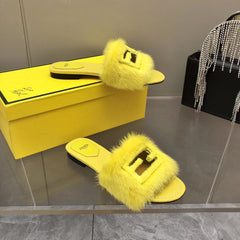 FENDI BAGUETTE MINK SLIDE SLIPPER IN BRIGHT YELLOW FUR