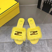 FENDI BAGUETTE MINK SLIDE SLIPPER IN BRIGHT YELLOW FUR