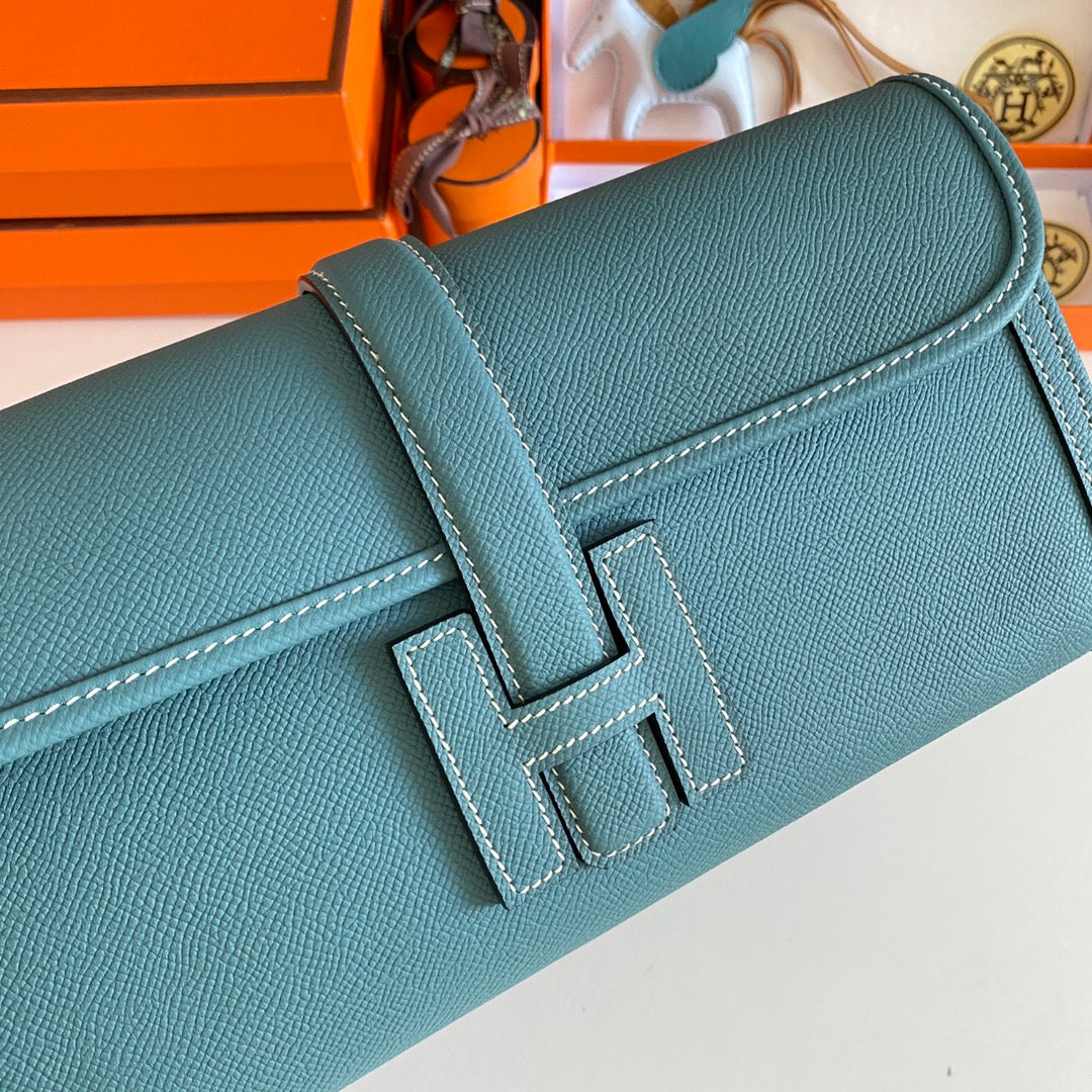 JIGE ELAN 29 CLUTCH IN AEGEAN BLUE CALFSKIN