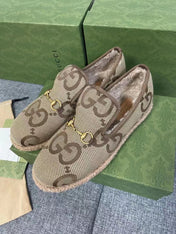 GG HORSEBIT LOAFER IN ECRU BEIGE WOVEN FABRIC AND WOOL MIX LAMB FUR LINING